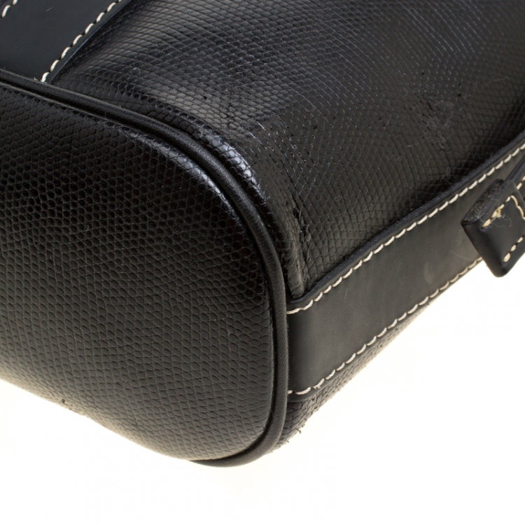 Pre Owned Lancel Lizard Embossed Black Leather Tote