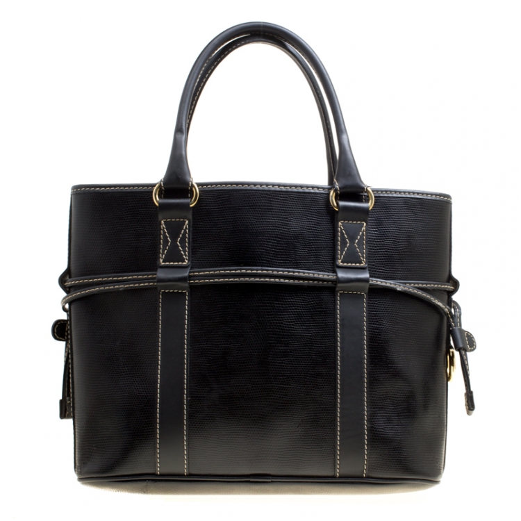 Pre Owned Lancel Lizard Embossed Black Leather Tote