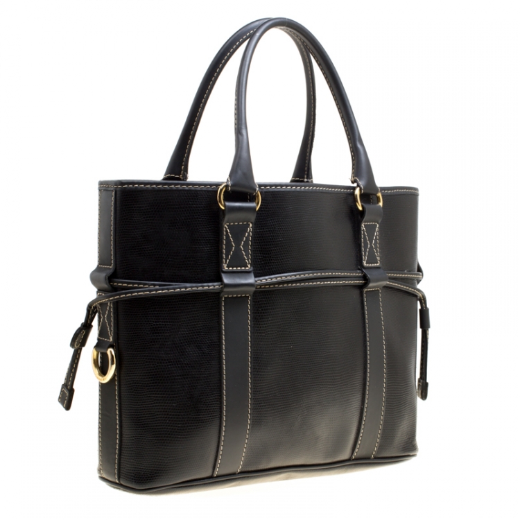 Pre Owned Lancel Lizard Embossed Black Leather Tote