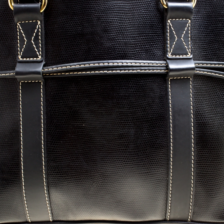 Pre Owned Lancel Lizard Embossed Black Leather Tote