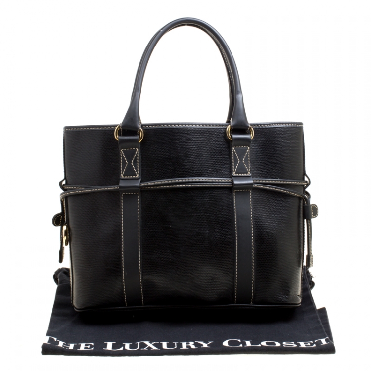 Pre Owned Lancel Lizard Embossed Black Leather Tote