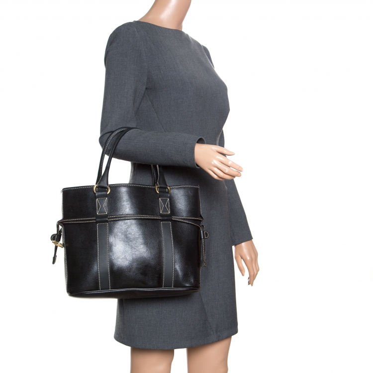 Pre Owned Lancel Lizard Embossed Black Leather Tote