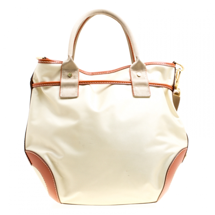 Pre Owned Lancel Beige/Brown Nylon And Leather Top Handle Bag