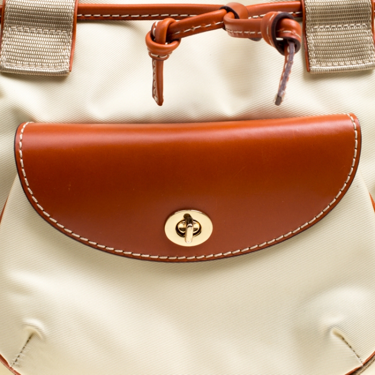 Pre Owned Lancel Beige/Brown Nylon And Leather Top Handle Bag
