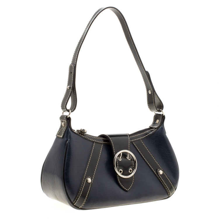 Pre Owned Lancel Dark Blue Lizard and Leather Shoulder Bag