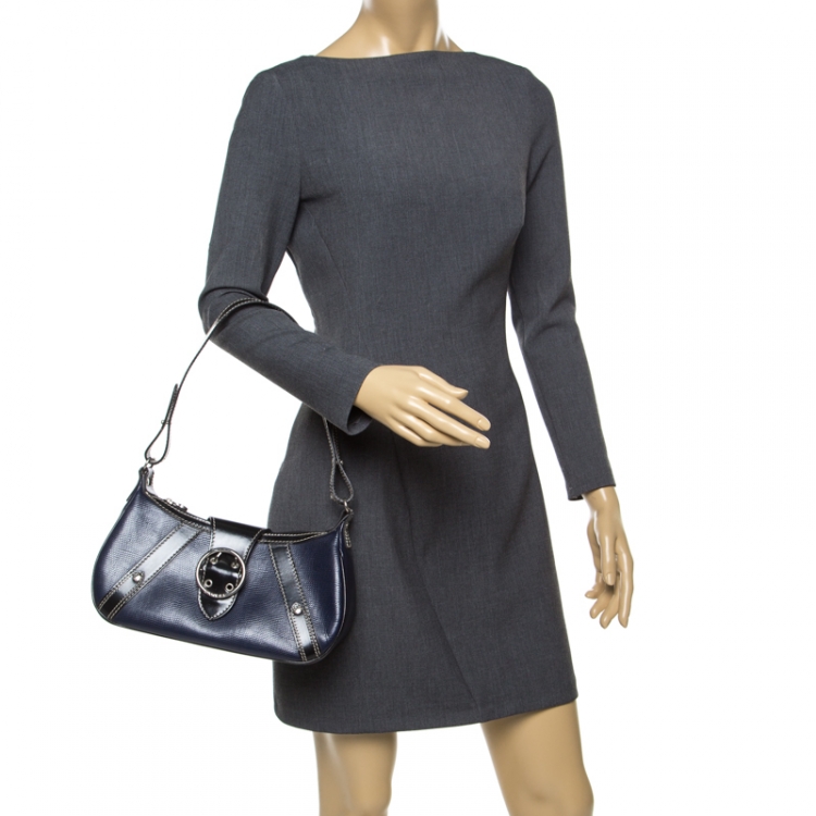 Pre Owned Lancel Dark Blue Lizard and Leather Shoulder Bag