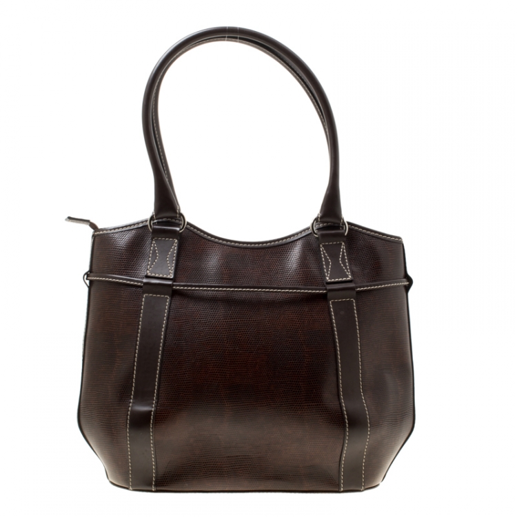 Pre Owned Lancel Brown Lizard Embossed Leather Tote