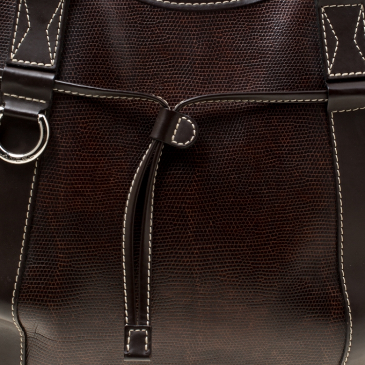 Pre Owned Lancel Brown Lizard Embossed Leather Tote