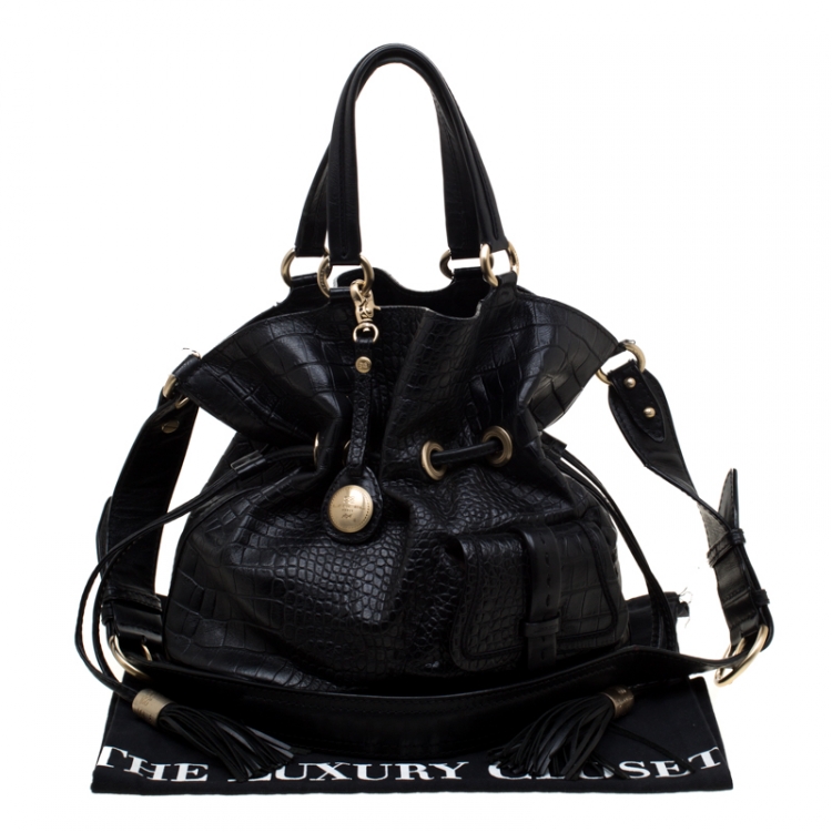 Pre Owned Lancel Black Croc Embossed Leather Premier Flirt Bucket Bag