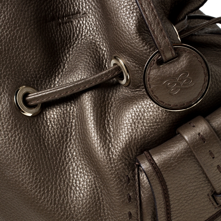 Pre Owned Lancel Dark Khaki Leather Premier Flirt Bucket Bag