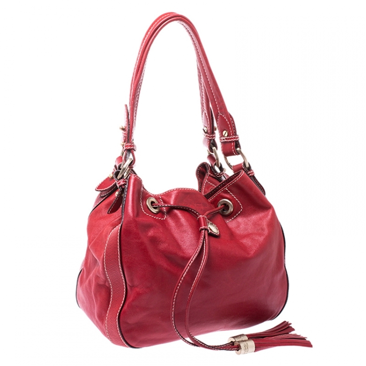 Pre Owned Lancel Red Leather Drawstring Bucket Bag
