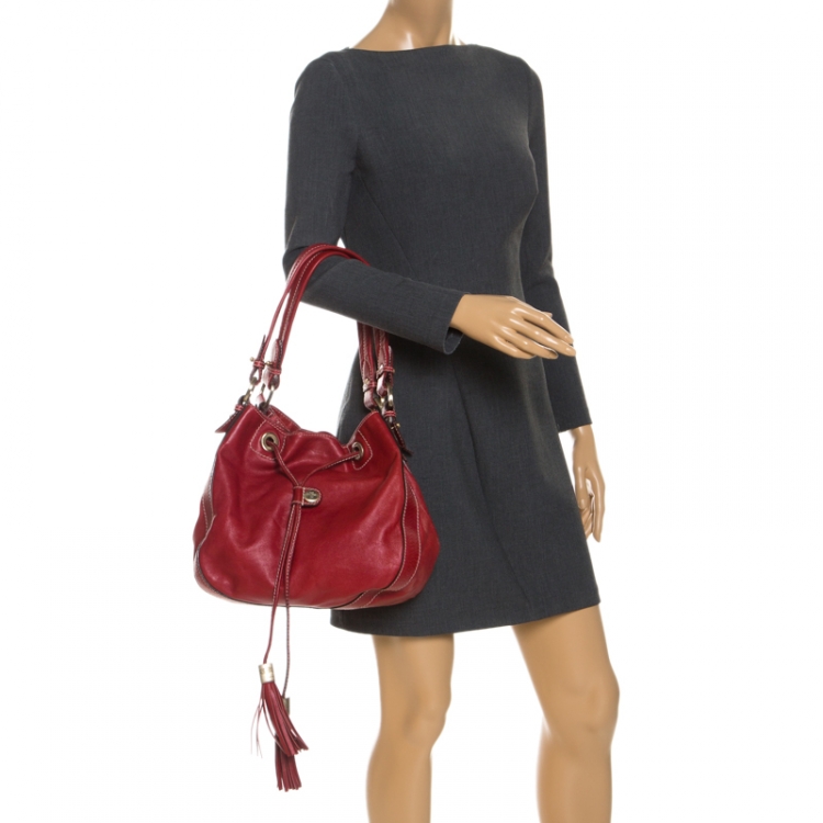 Pre Owned Lancel Red Leather Drawstring Bucket Bag