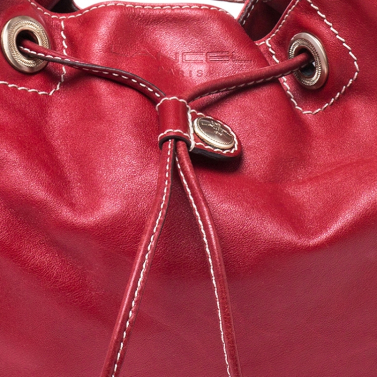 Pre Owned Lancel Red Leather Drawstring Bucket Bag