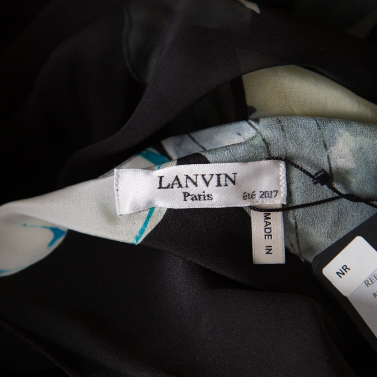 Pre Owned Lanvin Black Dark English Rose Printed Silk Cold Shoulder Overlay Maxi Dress XL