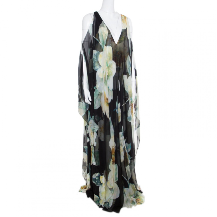 Pre Owned Lanvin Black Dark English Rose Printed Silk Cold Shoulder Overlay Maxi Dress XL