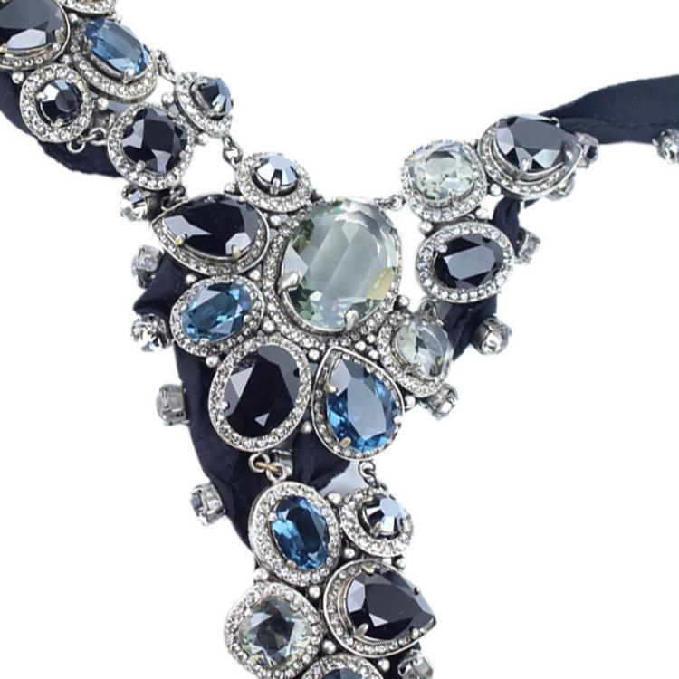 Pre Owned Lanvin Blue and Black Crystal Embellished Silver-tone Necklace