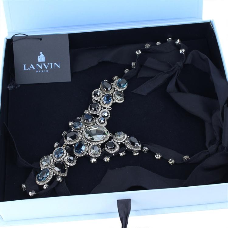 Pre Owned Lanvin Blue and Black Crystal Embellished Silver-tone Necklace