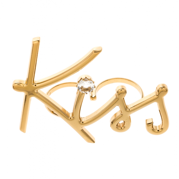 Pre Owned Lanvin Kiss Gold Tone Double Ring Size 55