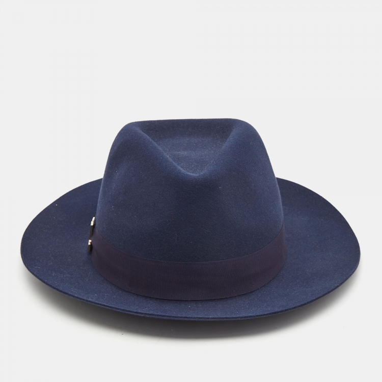 Pre Owned Lanvin Navy Blue Rabbit Felt Fedora Hat M