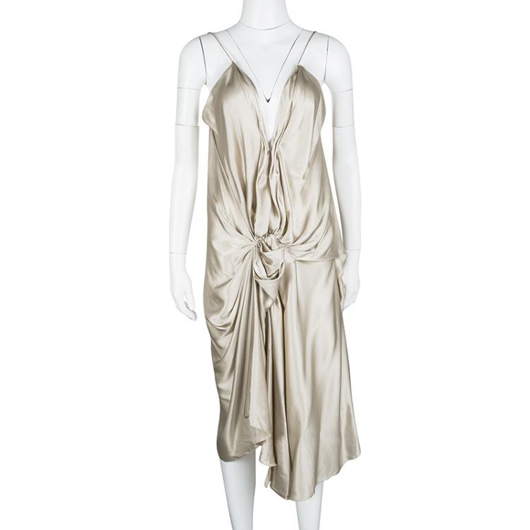 Pre Owned Lanvin Beige Silk Satin Draped Zip Detail Sleeveless Dress L