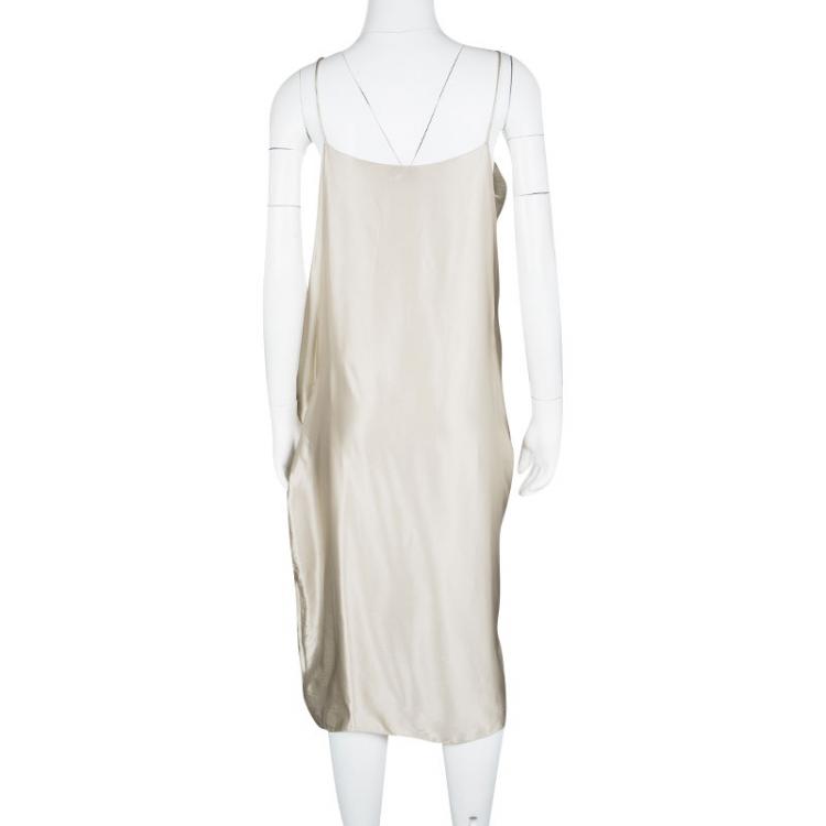 Pre Owned Lanvin Beige Silk Satin Draped Zip Detail Sleeveless Dress L