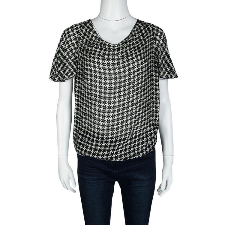 Pre Owned Lanvin Monochrome Textured Houndstooth Pattern Short Sleeve Top S