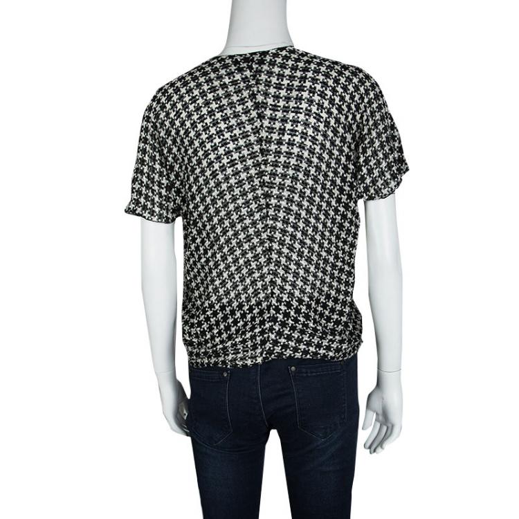 Pre Owned Lanvin Monochrome Textured Houndstooth Pattern Short Sleeve Top S