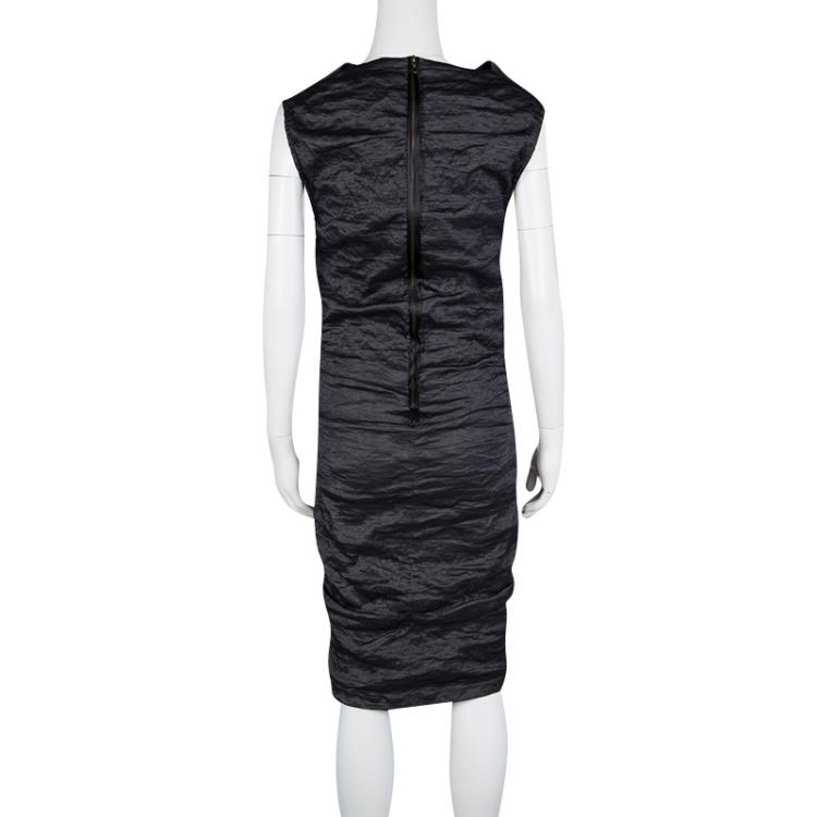 Pre Owned Lanvin Metallic Grey Textured Ruched Sleeveless Dress S