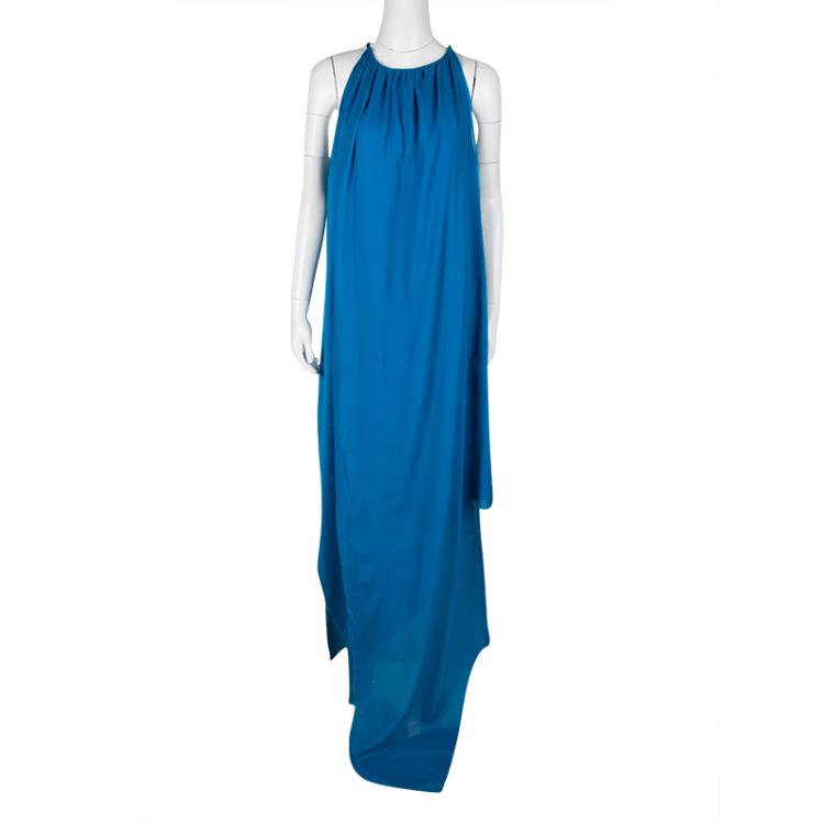 Pre Owned Lanvin Blue Draped Silk Frayed Edge Detail Sleeveless Asymmetric Dress M