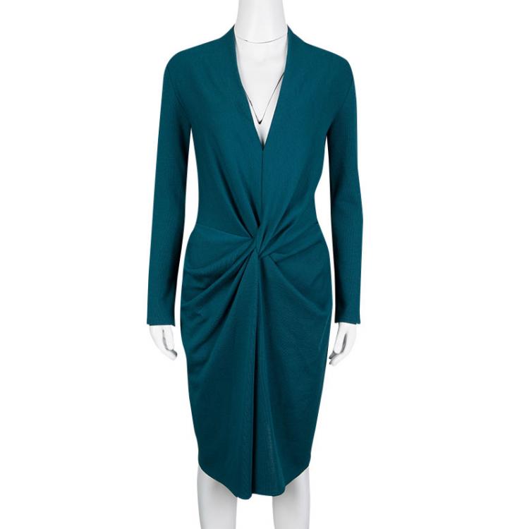 Pre Owned Lanvin Teal Blue Wool Twist Front Long Sleeve Dress M