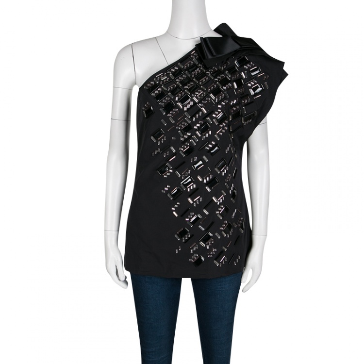 Pre Owned Lanvin Black Embellished Bow Detail One Shoulder Top M