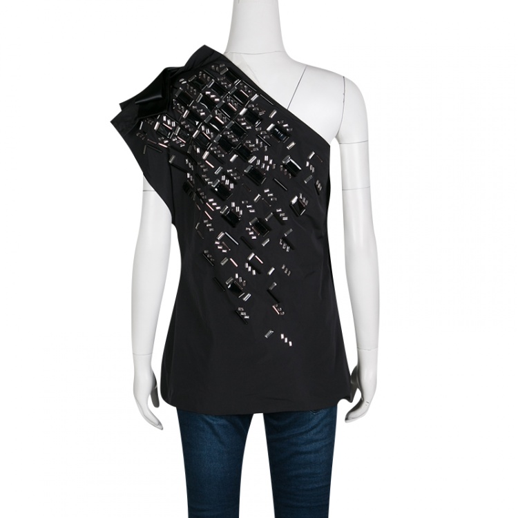 Pre Owned Lanvin Black Embellished Bow Detail One Shoulder Top M