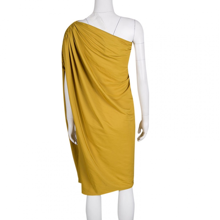 Pre Owned Lanvin Mustard Yellow One Shoulder Tie Detail Draped Dress M