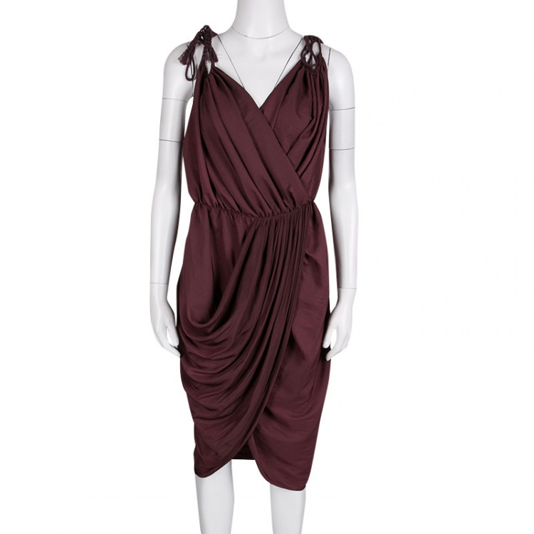 Pre Owned Lanvin Burgundy Tie Detail Sleeveless Draped Dress M