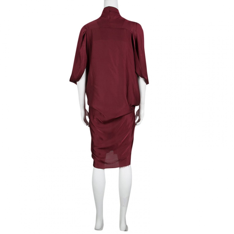 Pre Owned Lanvin Maroon Draped Silk Dress S
