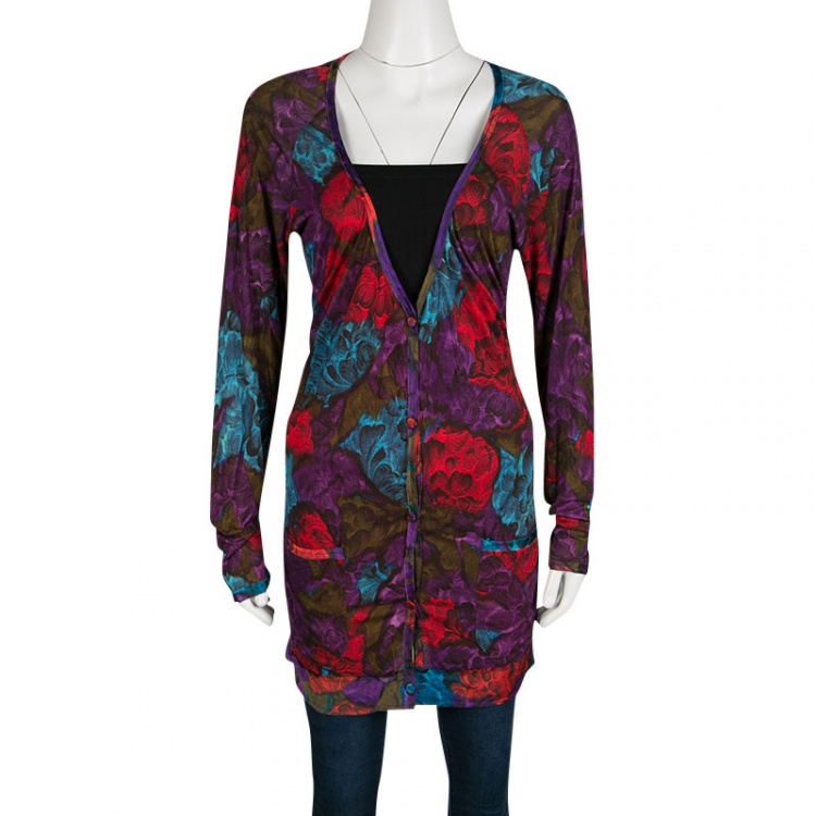 مملوكة مسبقًا Lanvin Multicolor Floral Print Jersey Silk Trim Detail Long Cardigan S