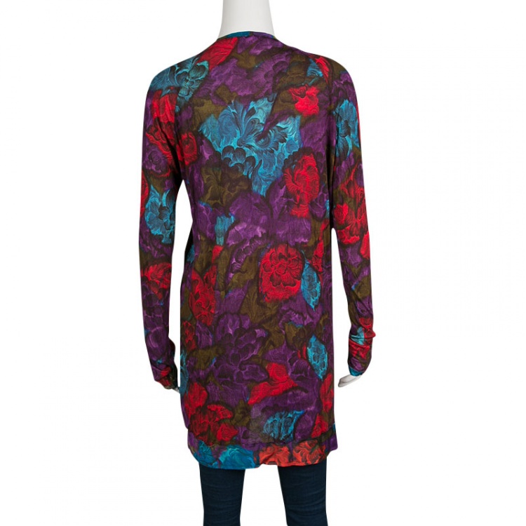مملوكة مسبقًا Lanvin Multicolor Floral Print Jersey Silk Trim Detail Long Cardigan S