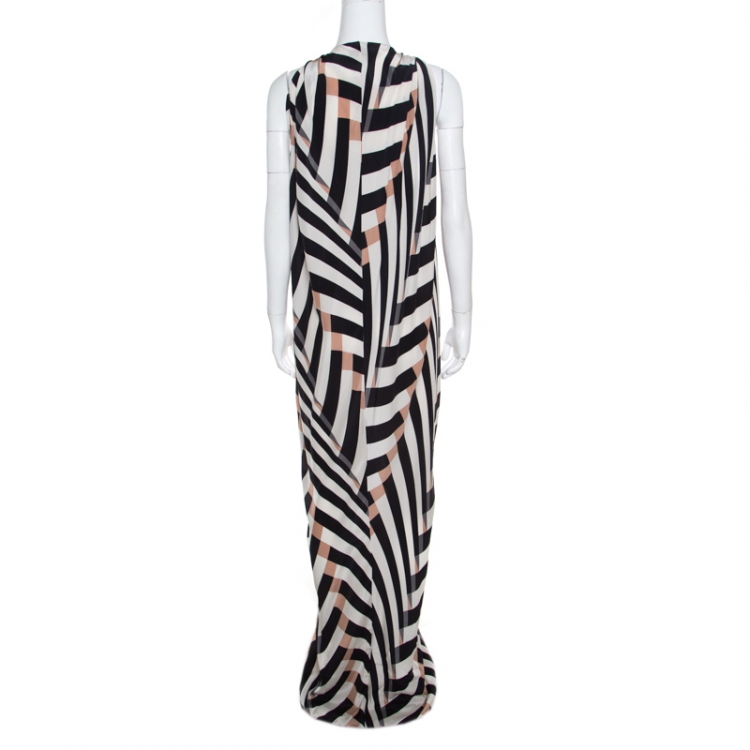 Pre Owned Lanvin Multicolor Chevron Patterned Silk Draped Maxi Dress L