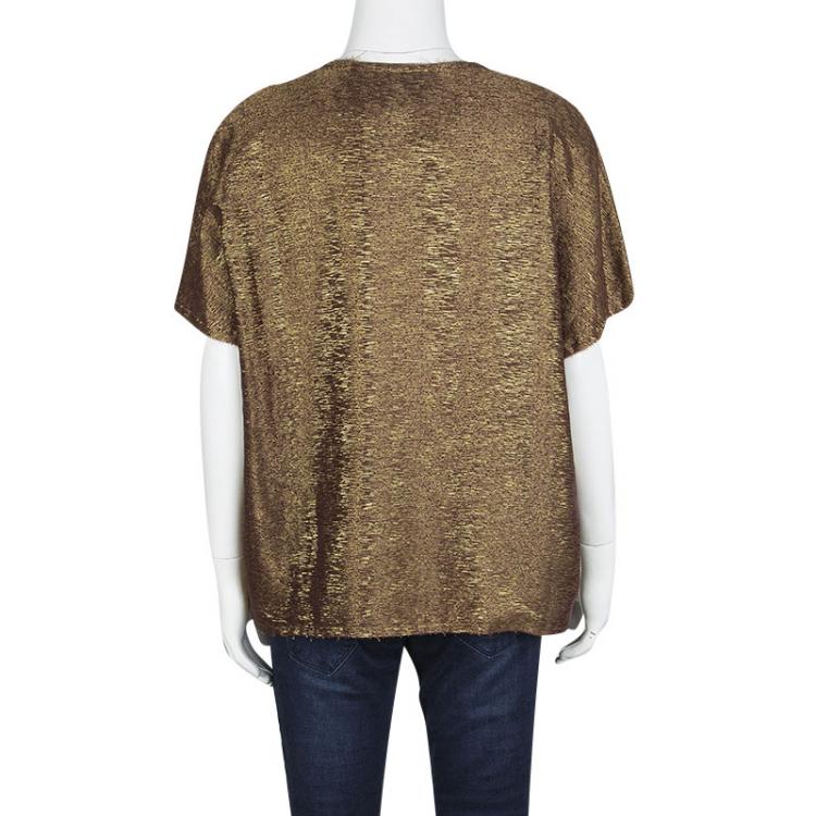 Pre Owned Lanvin Textured Gold Frayed Edge Detail Short Sleeve Blouse XL