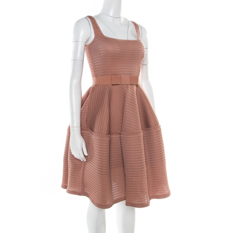 Pre Owned Lanvin Dusty Rose Perforated Raw Edge Detail Fit and Flare Sleeveless Dress S