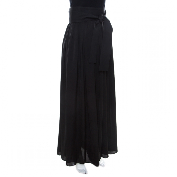 Pre Owned Lanvin Black Crinkled Satin Effect Pleated Tie Up Detail Palazzo Pants M