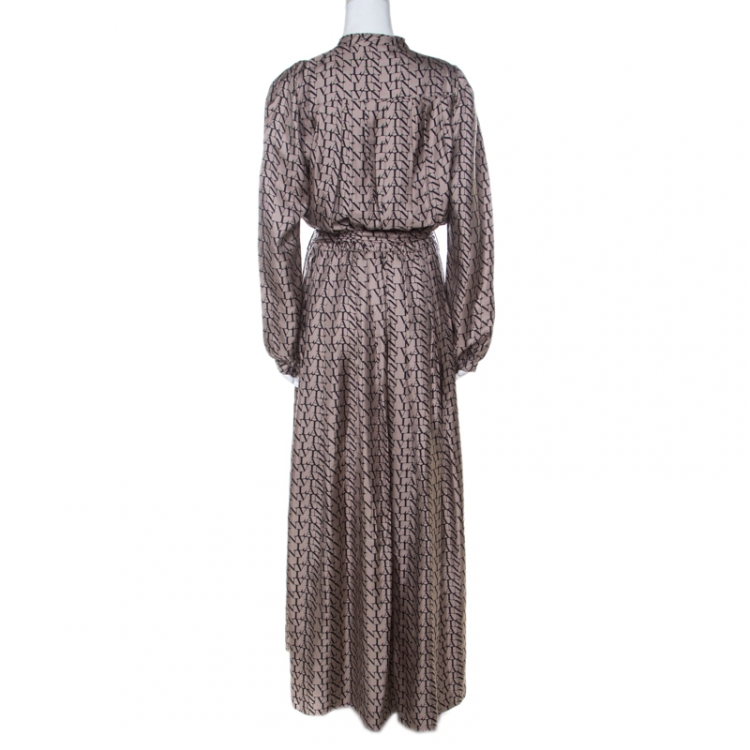 Pre Owned Lanvin Beige Printed Silk Front Slit Neckline Belted Maxi Dress L