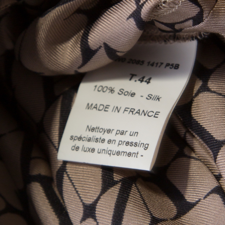 Pre Owned Lanvin Beige Printed Silk Front Slit Neckline Belted Maxi Dress L
