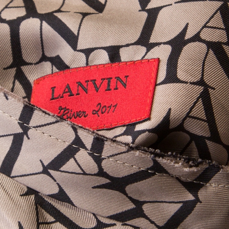 Pre Owned Lanvin Beige Printed Silk Front Slit Neckline Belted Maxi Dress L