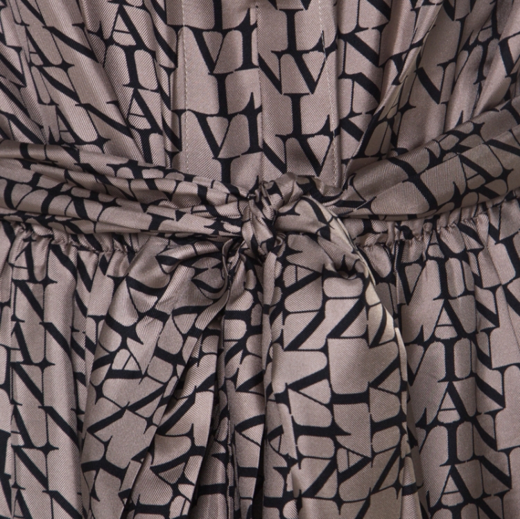 Pre Owned Lanvin Beige Printed Silk Front Slit Neckline Belted Maxi Dress L