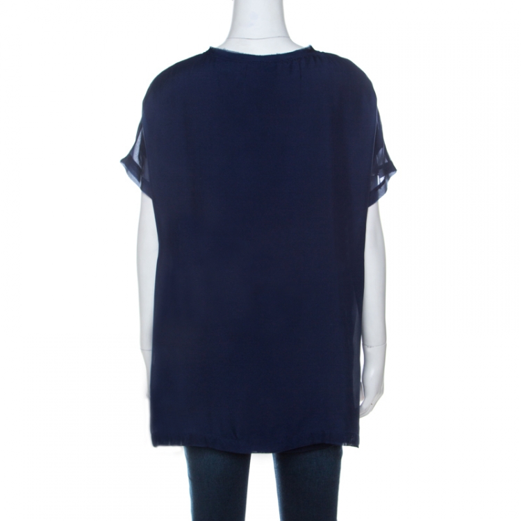 Pre Owned Lanvin Navy Blue Silk Chiffon Raw Edge Detail Short Sleeve Top XL 