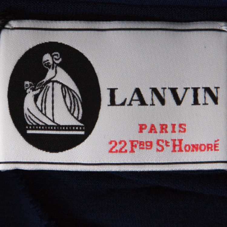 Pre Owned Lanvin Navy Blue Silk Chiffon Raw Edge Detail Short Sleeve Top XL 