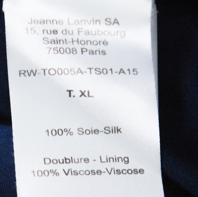 Pre Owned Lanvin Navy Blue Silk Chiffon Raw Edge Detail Short Sleeve Top XL 