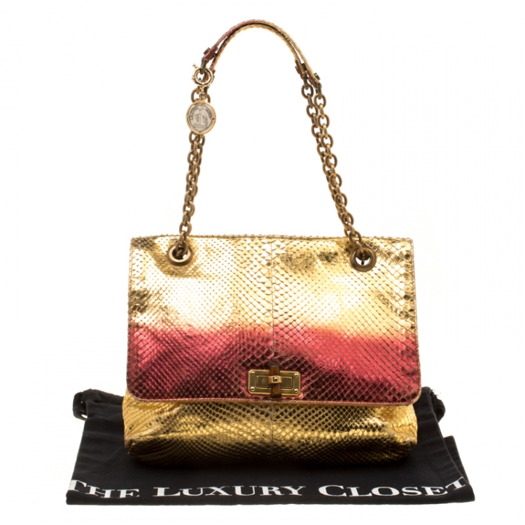 Pre Owned Lanvin Gold/Metallic Red Python Happy Shoulder Bag