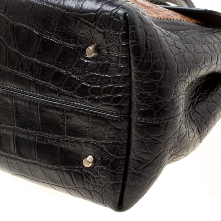 Pre Owned Lanvin Black/Brown Croc Embossed Leather Top Handle Bag
